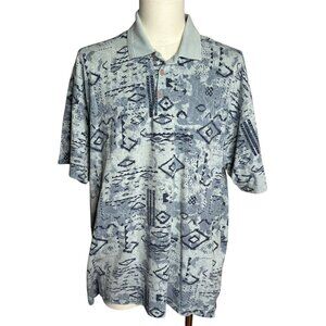 Southwestern Aztec Print Knit Polo Shirt XL Blue Short Sleeve Buttons Collared
